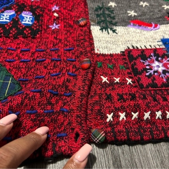 Vintage Red Embroidered Festive Holiday Cardigan Sz M Ugly Christmas Sweater - Picture 4 of 9